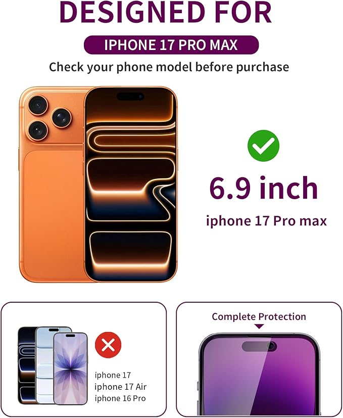 3 Pack Privacy Screen Protector for iPhone 17 Pro Max Tempered Glass 6.9inch Private Saver Anti-Spy Eye Protection Anti-Scratch Full Coverage
