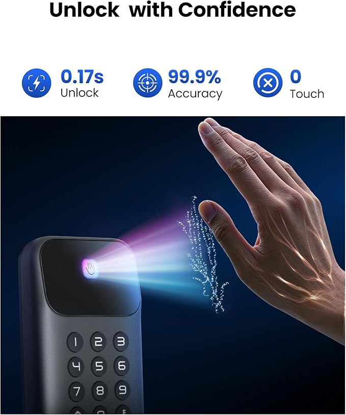 Lockin Veno Go Palm Vein Smart Lock with Built-in Wi-Fi & Matter, Keyless Entry Smart Deadbolt Door Lock, 5 Unlock Methods, ANSI Grade 3 Security, 7-Month Rechargeable Battery, IP53 Waterproof