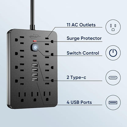 JouleLoom 17-in-1 Surge Protector Power Strip,2 Pack 6FT Flat Plug Cord, 11 AC Outlets +6 USB Ports (2 Type-C), 10A/1250W, Single Touch On/Off Switch