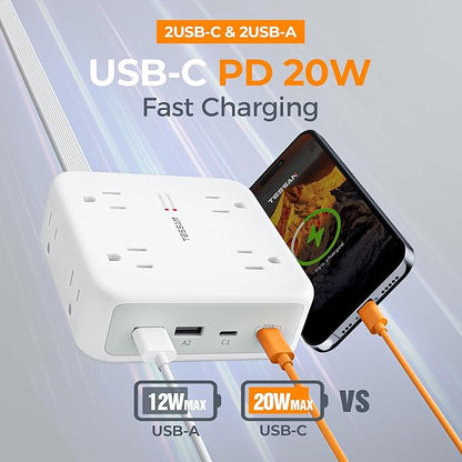 TESSAN Dual Surge Protector Power Strip, 5 Ft Extension Cord Flat Wall Plug with 4 USB (2 USB C) 8 Outlets, 2100J Protection, 1875W 15A, 20W Multiple Charging Station for Home, Office, Dorm, Grey