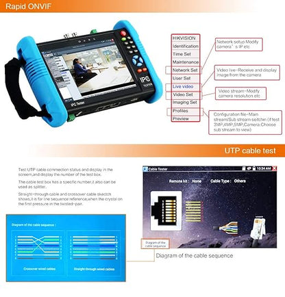 Koolertron 7" IPS Touch Screen 4K H.265 IP Camera Tester - IPC-9800 Plus,CCTV, CVBS, Analog Tester, Built-in WiFi, POE, HDMI, RJ45 TDR, Dual Window, 8GB TF Card, Firmware