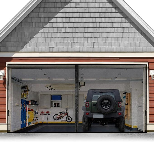Garage Door Screen For 2 Car 18x8FT, Magnetic Screen Garage with Retractable Fiberglass Mesh and Heavy Duty Weighted Bottom, Easy Assembly & Pass, Hands Free Screen Door w/ 40 Magnets for Garage/Patio