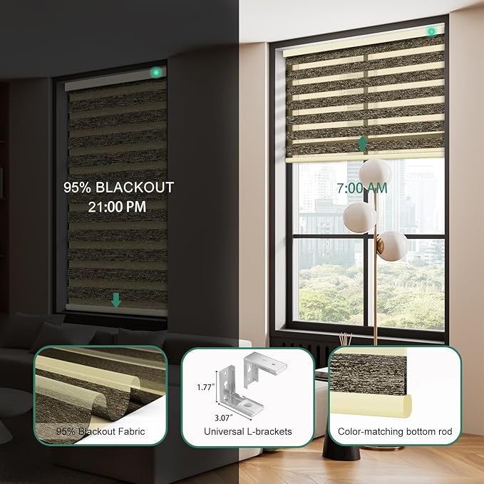 Motorized Zebra Blinds with Remote, Work with HomeKit Alexa Automatic Electric Window Shades 95% Blackout Light Filtering for Smart Home and Office, Customized Size Luxury Brown