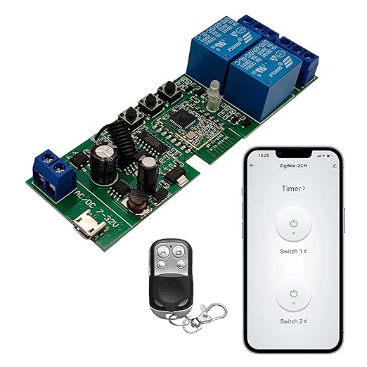 Zigbee Tuya Smart 2 Channel Smart Relay Module with 433RF Remote Control USB 5V 7-32V Jog/Lock Switch Compatible with Alexa Google Home (Requires ZigBee Hub)