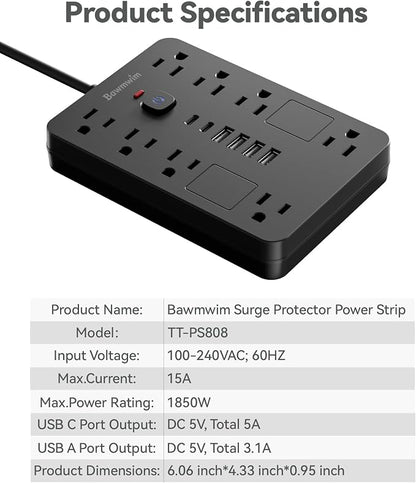 Surge Protector Power Strip - 8 Outlets(1850W/15A/14AWG) with 6 USB Ports（2 USB C, 6FT Flat Plug Extension Cord, Wall Mount Multi Plug Outlet Extender, ETL Listed for Home, Dorm Room, Black
