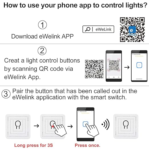 Ewelink 2.4GHz Wireless Light Switch and Receiver Kit, 16A Smart Relay Module with Wall Switch, Support Bluetooth Control, 100 Feet RF Range, No Wi-Fi Required