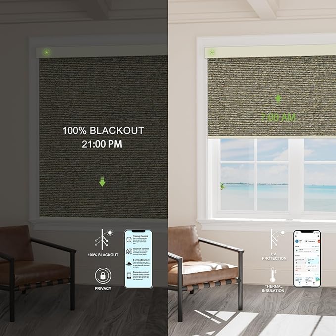 Motorized Blinds with Remote，100% Blackout Smart Blinds Motorized Roller Shades Compatible with Alexa Automatic Blinds for Windows Electric Window Blinds Customized Size Coffee