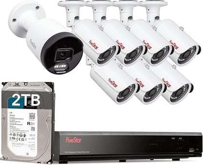 Five Star 4K Professional Security Metal Camera System, 1pc H.265+ 5MP Smart Detection AI Camera & 7pcs 5MP PoE Security Cameras Wired with 4K 8CH NVR with 2TB HDD for 24-7 Recording, IP66