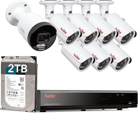 Five Star 4K Professional Security Metal Camera System, 1pc H.265+ 5MP Smart Detection AI Camera & 7pcs 5MP PoE Security Cameras Wired with 4K 8CH NVR with 2TB HDD for 24-7 Recording, IP66