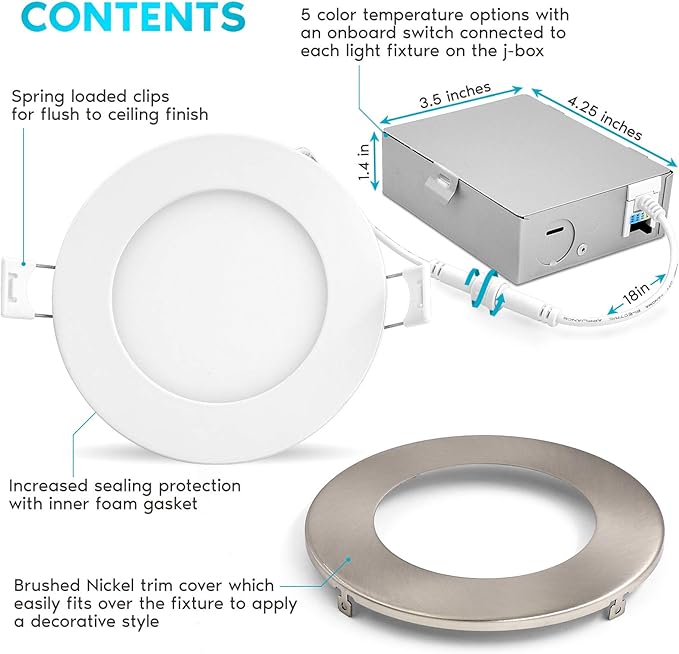LUXRITE 4 Inch Ultra Thin LED Recessed Light with J-Box, 10W, 5 Color Options 2700K | 3000K | 3500K | 4000K | 5000K, Dimmable Wafer Lights, 750 Lumens, Brushed Nickel, Energy Star, IC Rated