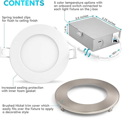 LUXRITE 4 Inch Ultra Thin LED Recessed Light with J-Box, 10W, 5 Color Options 2700K | 3000K | 3500K | 4000K | 5000K, Dimmable Wafer Lights, 750 Lumens, Brushed Nickel, Energy Star, IC Rated