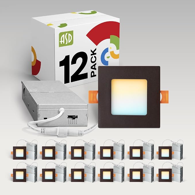 ASD 3 Inch Ultra Thin LED Square Recessed Lighting Oil Rubbed Bronze with 5 Color Temperatures, Dimmable, IC Rated, 456Lm Brightness