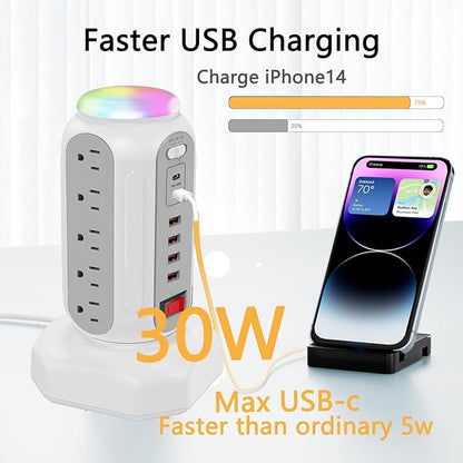 Fast Charging Station Power Tower - 15 AC Outlets & Dual USB-C 30W (Single Port 30W/2 Ports 15W Each), 4 USB-A, Retractable Cord Surge Protector with Top Night Light for Home Office Dorm Room