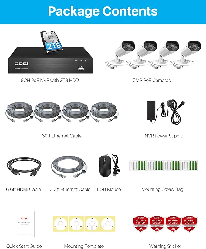 ZOSI 5MP PoE Security Camera System, Outdoor Video Surveillance System with 8-Channel 2TB HDD NVR, 4 x 5MP Outdoor PoE Bullet Cameras, Person Detection, Spotlight, Color Night Vision