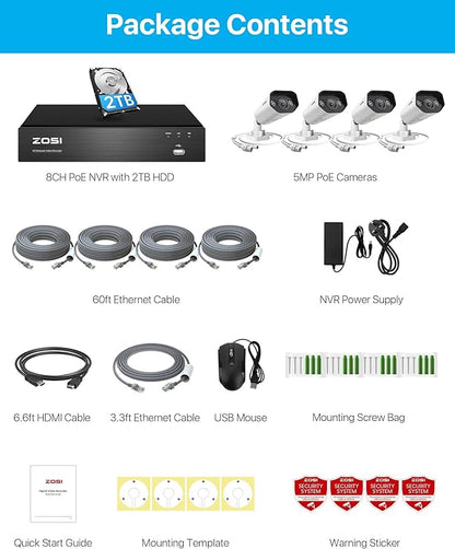 ZOSI 5MP PoE Security Camera System, Outdoor Video Surveillance System with 8-Channel 2TB HDD NVR, 4 x 5MP Outdoor PoE Bullet Cameras, Person Detection, Spotlight, Color Night Vision