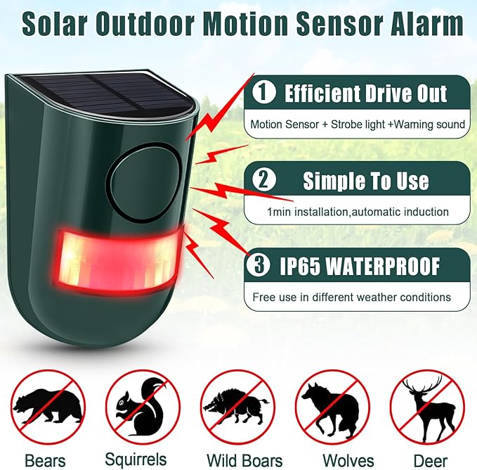 Qualirey Solar Sound and Light Alarm Motion Sensor 129db Outdoor Security Siren Waterproof Activated Detector Driveway Alarm 6 LEDs Flash Warning Deterrent Strobe System for Home, Farm(Green,4 Pack)