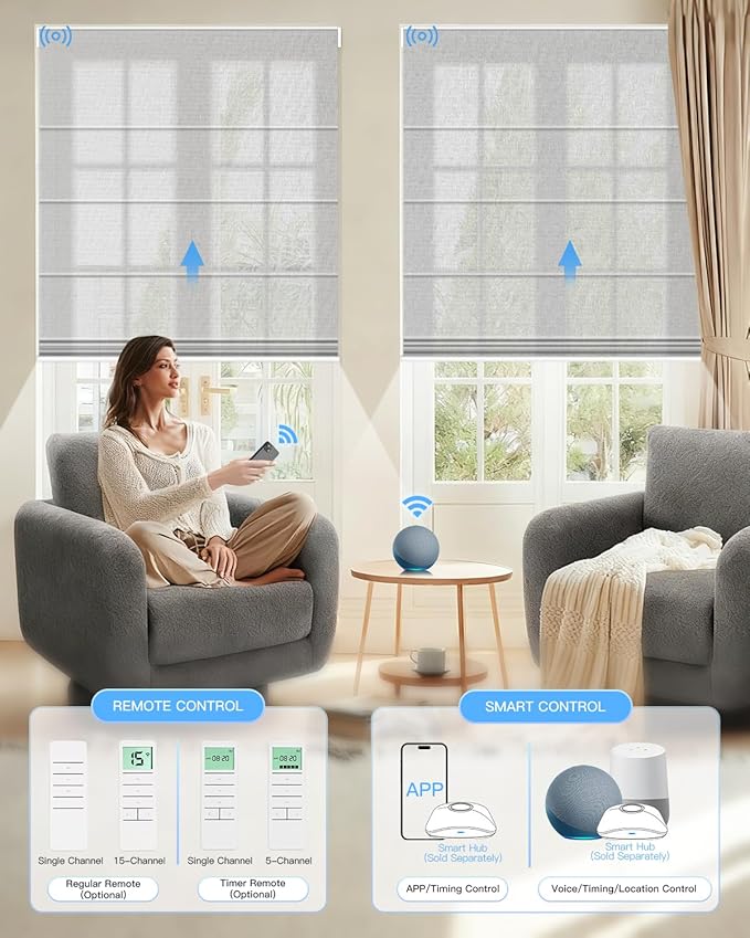 Motorized Roman Shades for Windows, Custom Light Filtering Roman Blinds with Remote, Smart Privacy Window Shades for Living Room Kitchen Office, Alexa & Google Home Compatible, App Control via RF Hub