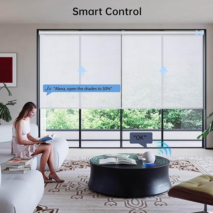 Motorized Coupled Shades, Light Filtering Smart Blinds for Large Windows Automatic Blinds Compatible with Alexa, Electric Roller Shades Customized for Living Room Home Office(Plain White)