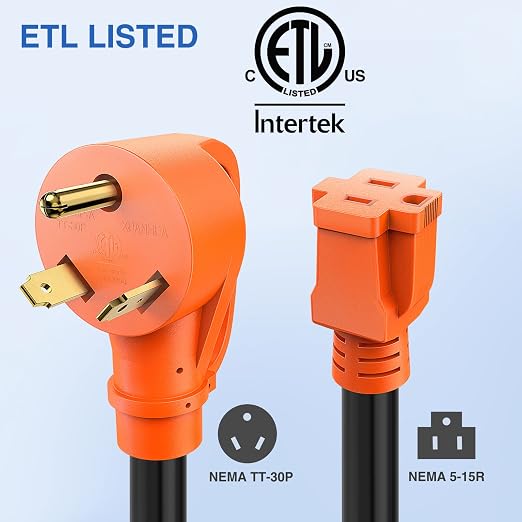 Nilight 30 Amp to 15 Amp RV Power Adapter Cord ETL Listed TT-30P 5-15R