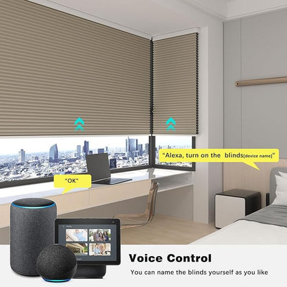 Changshade Motorized Cellular Shades with Remote Control Automatic for Indoor Windows Doors, Smart Blackout Blinds Auto Electric Power, Custom Size Honeycomb Blind Work with Alexa, Google Home, Brown