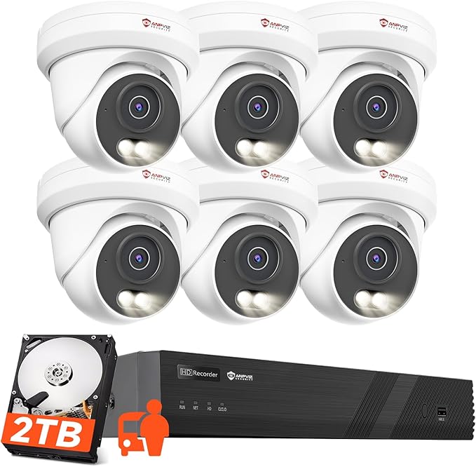 Anpviz 4K 8CH PoE Security Camera System, 6X 8MP Wired PoE IP Cameras with Human Vehicle Detection, Smart Dual Light Color Night Vision, 4K/8MP 8CH NVR with 2TB HDD for Business Home, NDAA (U Series)