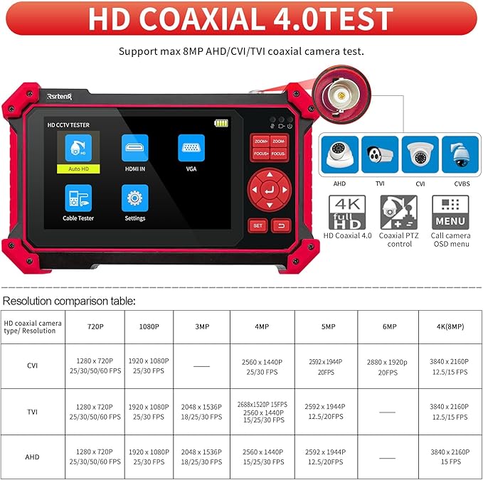 Rsrteng CCTV Tester Monitor Auto HD Coaxial Camera Tester 4K 8MP TVI/CVI/AHD/CVBS Video Monitor 5 inch TFT-LCD Screen Support Cable Tester, HD VGA Input PTZ Control RS485 OSD Menu DC12V Power Output