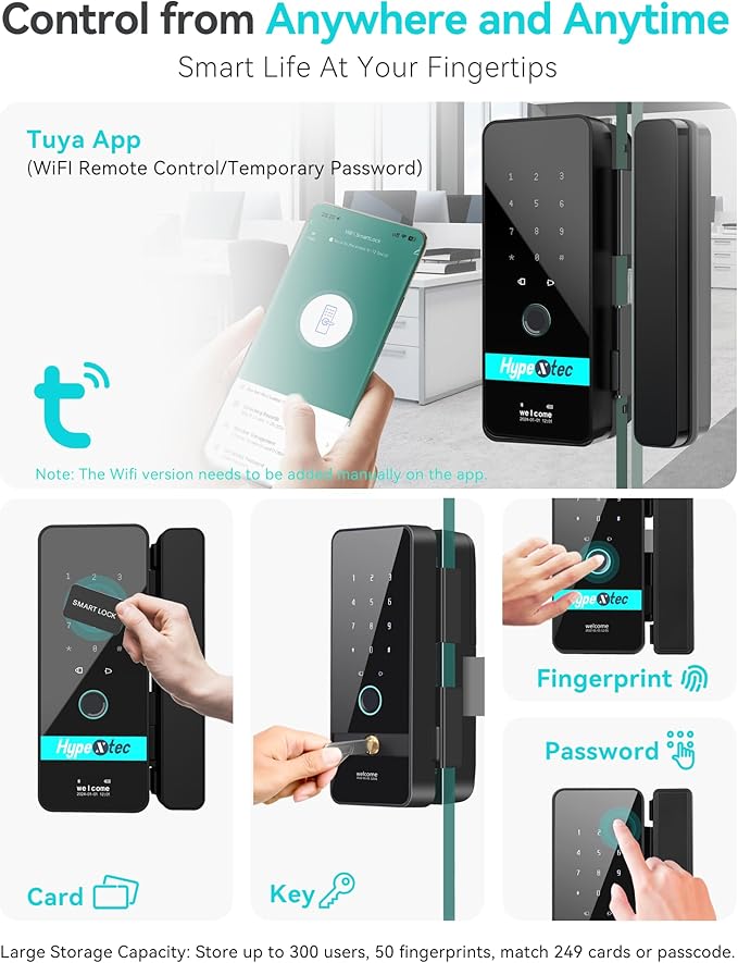 Upgrade Smart Glass Door Locks for Frameless Glass Doors–Keyless Entry Deadbolts with WiFi App Control,Fingerprint,IC Card,Voice Menu and No-Drill Installation,Office Home Business