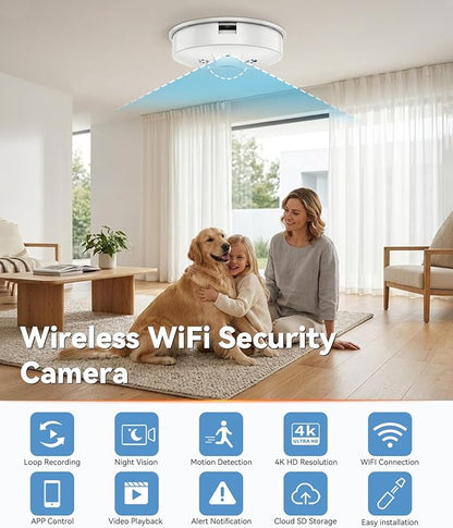 1080P HD Wireless WiFi Camera Smoke Detector for Home Security with App Control, Motion Detection, 150° Indoor Camera with Night Vision & Loop Recording for Office/Garage/Shop/Pet,User-Friendly