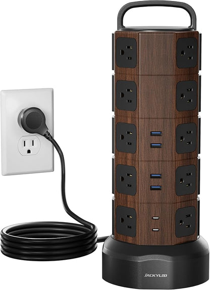 Power Strip Tower Surge Protector 1050J, 20 AC Outlets 6 USB Ports, 13A Desktop Electrical Charging Station, 6.5ft Heavy Duty Extension Cord, for Home, Office, Garage, Black Walnut