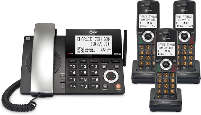 AT&T DECT 6.0 Corded/Cordless Phone, 3-Handset, Works During Power Outages, Smart Call Blocker, Answering Machine, Caller ID Announce | CL84318