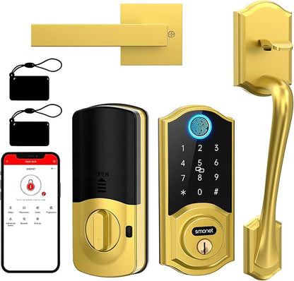 SMONET Smart Lock Front Door with Handle, Keyless Entry Door Lock Set, Fingerprint Smart Deadbolt with App Bluetooth, Electronic Keypad Auto Lock Compatible with Alexa, Gold