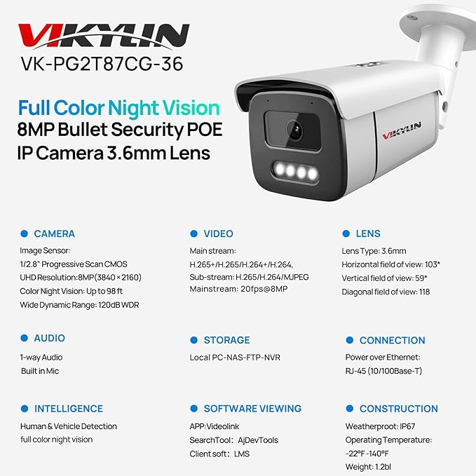 VIKYLIN 4K 8MP Full Color AI Bullet IP PoE Camera with 3.6mm Lens,F1.0 Aperture 132ft Color Night Vision,Built-in Mic,Human/Vehicle Detection,H.265,IP67 Security IP Camera