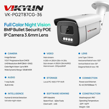 VIKYLIN 4K 8MP Full Color AI Bullet IP PoE Camera with 3.6mm Lens,F1.0 Aperture 132ft Color Night Vision,Built-in Mic,Human/Vehicle Detection,H.265,IP67 Security IP Camera