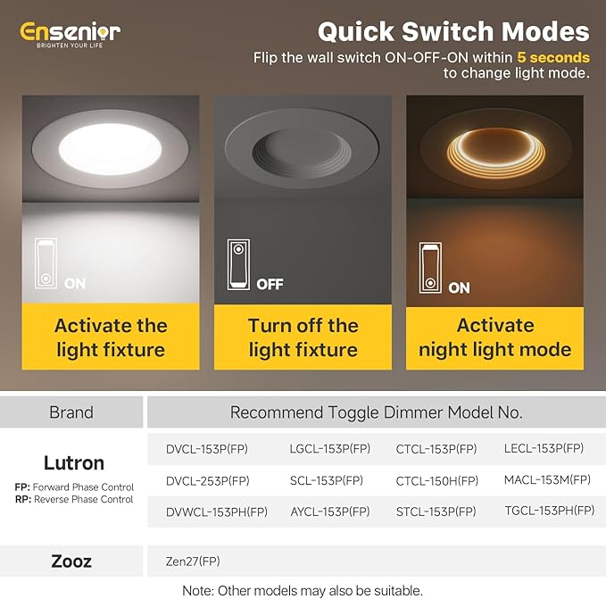 Ensenior 5/6 Inch 5CCT LED Can Lights with Night Light 6 Pack, Retrofit Led Recessed Lighting, Baffle Trim, Dimmable, 9W=110W, 1000LM