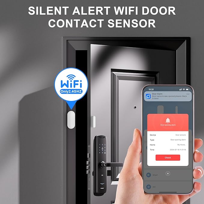 Door and Window Alarms for Home,No Hub NO Monthly Fee Door Alarms for Kids Safety,WiFi-Connected for Smart Life or Tuya APP Control,Compatible with Alexa,Easy to Install,Long Battery Life
