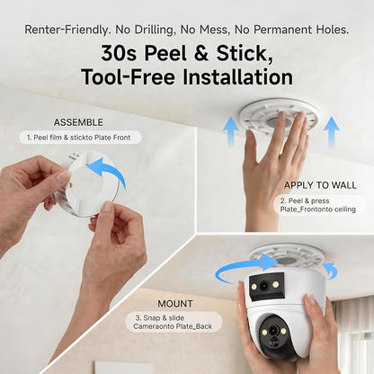 VSTARCAM 2K Dual Lens Security Camera Indoor, Free Cloud & SD Storage, No-Drill Ceiling Mount, 360° PTZ & Wide Angle, WiFi 6 2.4/5G, Color Night Vision, Motion Alerts, 6-Month Battery, 2-Way Talk