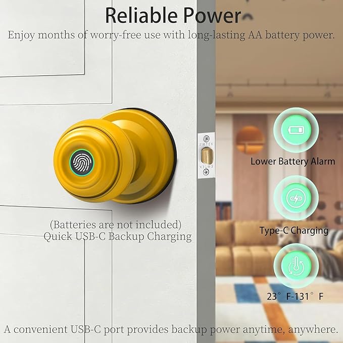 UMIKSMART Fingerprint Door Knob Lock, Smart Keyless Entry Door Knob with Tuya App Control & Auto-Lock, Backup Key, Easy Install for Home, Apartment, Office, Yellow