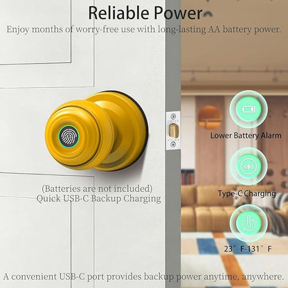 UMIKSMART Fingerprint Door Knob Lock, Smart Keyless Entry Door Knob with Tuya App Control & Auto-Lock, Backup Key, Easy Install for Home, Apartment, Office, Yellow