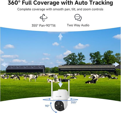 ARENTI 4G LTE Cellular Solar Security Camera Outdoor with AOV 24/7 Recording, 2K HD 10040mAh Battery 8W Solar Camera Outdoor Wireless 360° PTZ Motion Alerts Two-Way Audio IP65, Compatible with Alexa