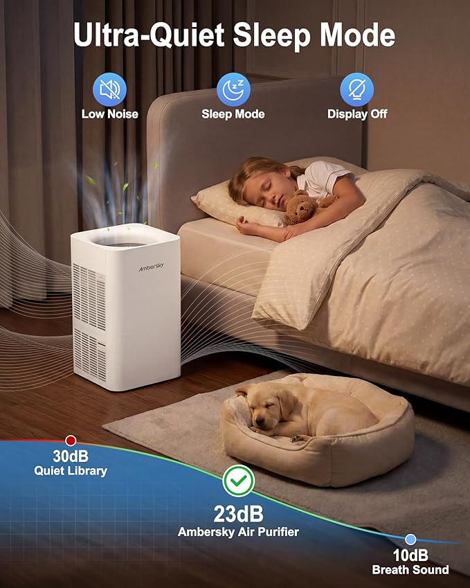 Ambersky Air Purifier for Home, True HEPA Filter for Large Room Up To 2500 Sq Ft, with Real-Time AQI & PM2.5 Display, Sleep Mode, 5 Fan Speeds, 360° Air Cleaner for Pet Hair, Smoke, Dust, Odor