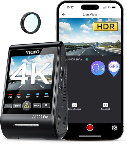 VIOFO A229 PRO 1CH 4K HDR Front Dash Cam with 8MP STARVIS 2 Sensor, Night Vision 2.0, Voice Control, 5GHz WiFi, 24H Parking Mode, Support 512GB Max