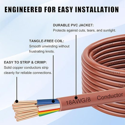 18/8 Thermostat Wire 10FT, 18 AWG 8-Conductor Solid Bare Copper HVAC Control Cable, CL2 Rated for in-Wall Installation, Perfect for Smart Thermostats, Doorbells & Security Systems