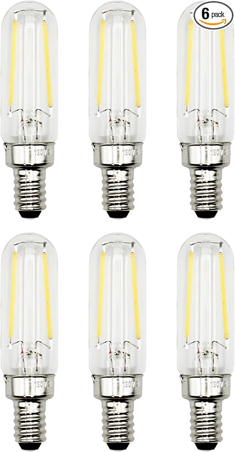 6 Pack of T6 LED Tubular Bulbs, 2W 120V, E12 Candelabra Base, Clear Glass Filament, 25W Equivalent - Great for Chandeliers, Signs & Display Cases