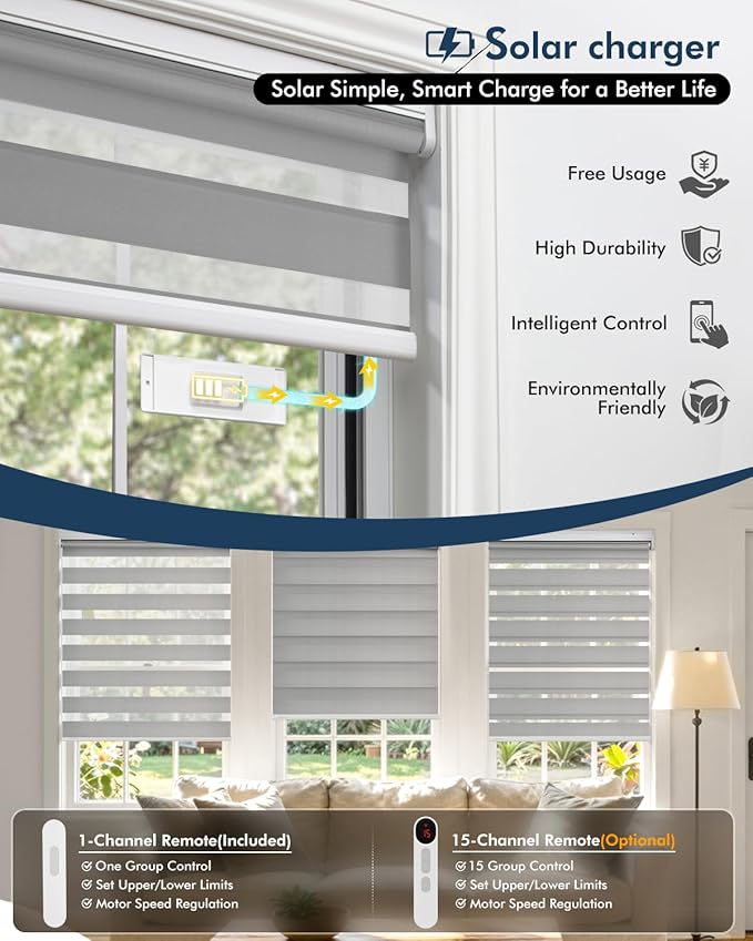 No Drill Motorized Zebra Blinds with Remote,Cordless Shades Dual Layer,Thermal Insulated Upgraded Shades(Gray,34.5" W x 72" H)