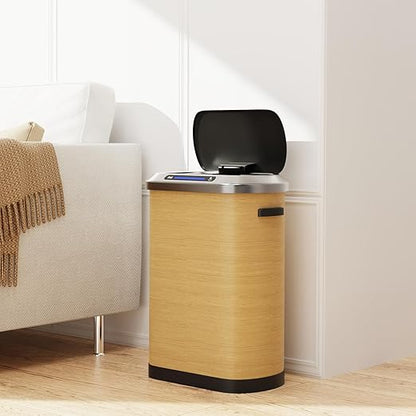pouseayar 13 Gallon Smart Automatic Trash Can with Lid, Stainless Steel Thickened Body & Super Mute Sensor Lid with 30 Count Garbage Bags for Kitchen Office Bedroom Waste Bin and More - Wood Color