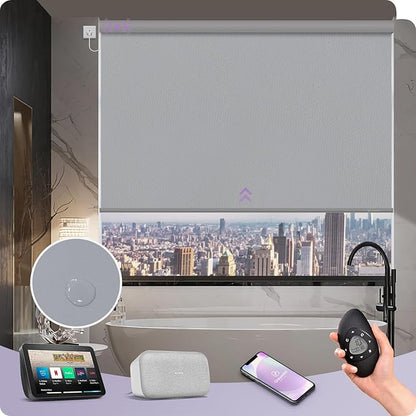 Graywind Motorized Roller Shade 100% Blackout Work with Alexa Google Waterproof Vinyl Fabric Remote Control Hardwired Window Shades Window Blinds, Customized Size (Light Grey)