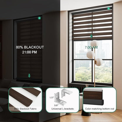 Motorized Zebra Blinds with Remote, Work with HomeKit Alexa Automatic Electric Window Shades 80% Blackout Light Filtering for Smart Home and Office, Customized Size Wooden Texture Brown