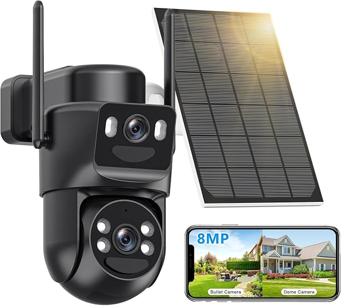 4K Solar Security Cameras Wireless Outdoor Battery Powered, 5GHz & 2.4GHz Dual Lens Bullet & 360PTZ Linkage with Solar Panel, 8X Digital Zoom, Color Night Vision, Motion Detection (Black)