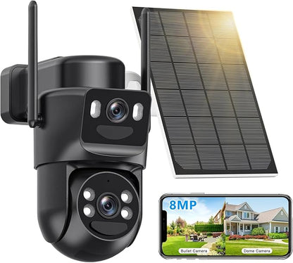 4K Solar Security Cameras Wireless Outdoor Battery Powered, 5GHz & 2.4GHz Dual Lens Bullet & 360PTZ Linkage with Solar Panel, 8X Digital Zoom, Color Night Vision, Motion Detection (Black)