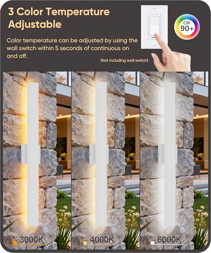 Aipsun 2 Packs Outdoor Wall Sconce, 3000K 4000K 6000K, 31.5in Modern White Exterior Light, Long LED Linear Wall Light Outside Lighting for Entrance, Hallway, Garage, Porch(3CCT)
